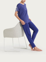 Pigiama a pois con collo a serafino in Jersey di cotone Blu Donna - Ragno