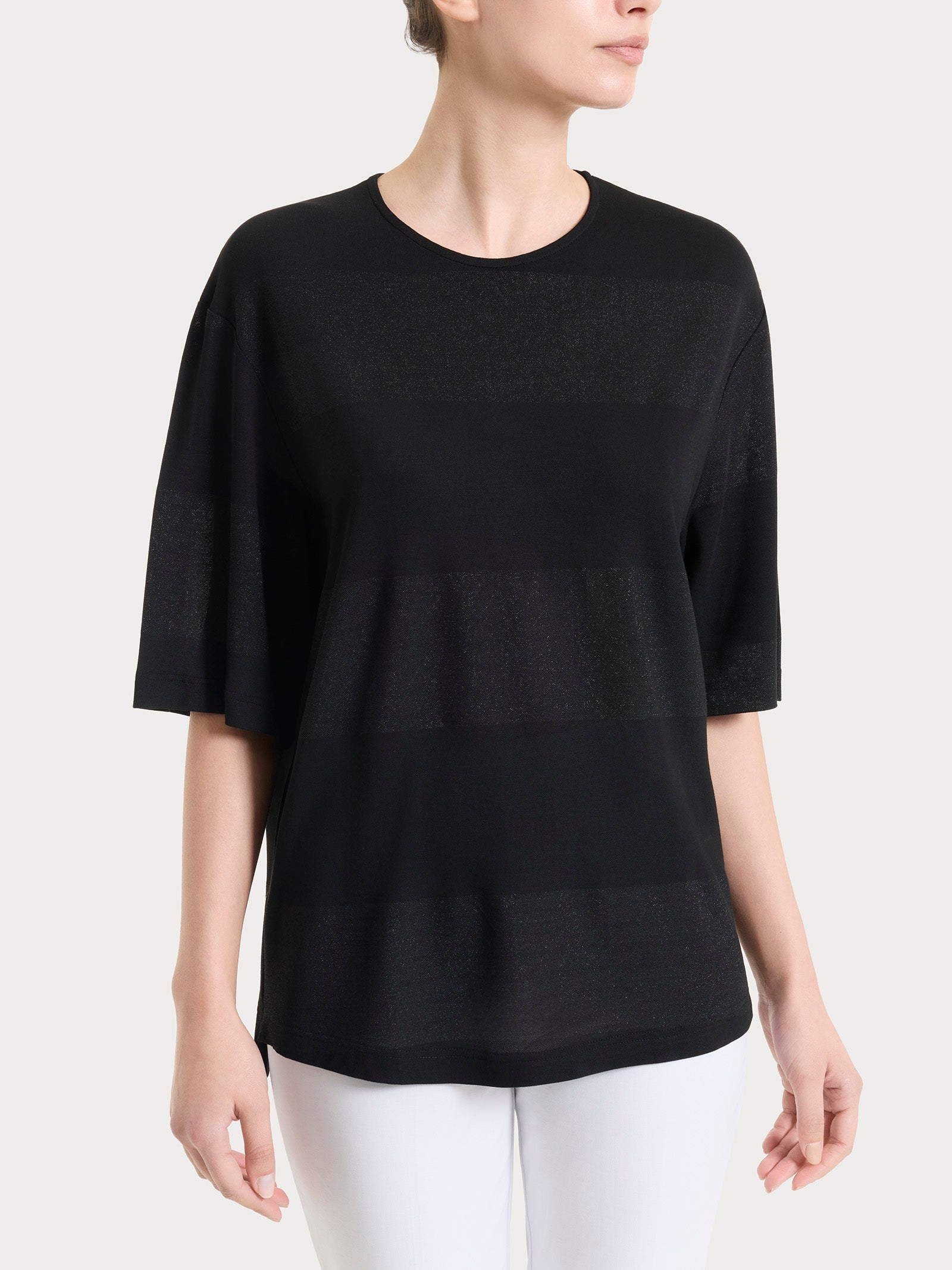 Maglietta girocollo con macro righe in Summer Light e Lurex Neri Donna - Ragno