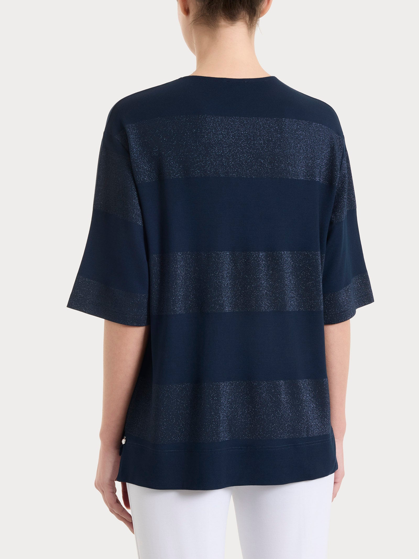 Maglietta girocollo con macro righe in Summer Light e Lurex Blu Donna - Ragno