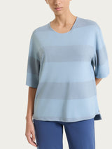 Maglietta girocollo con macro righe in Summer Light e Lurex Azzurri Donna - Ragno