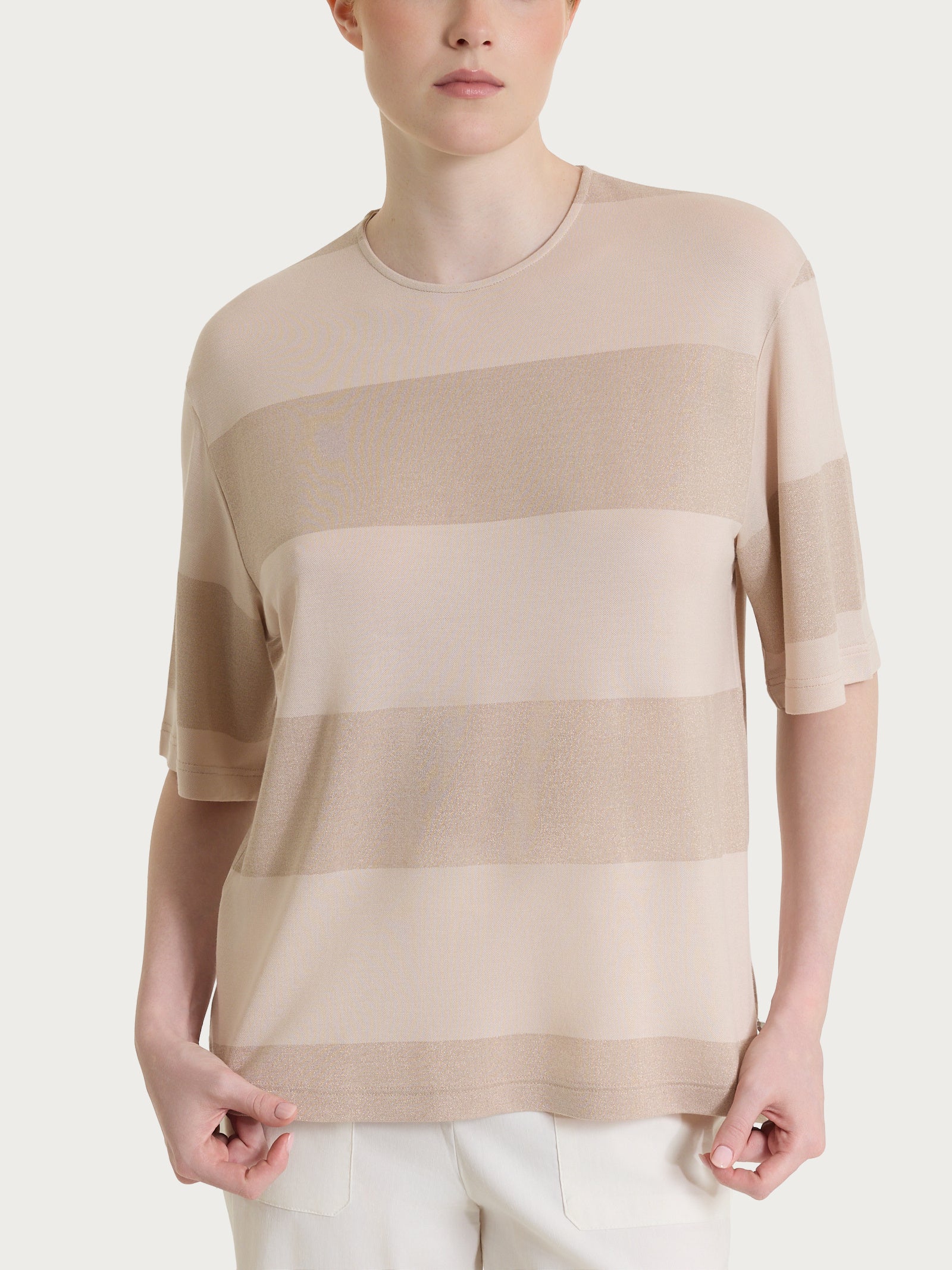Maglietta girocollo con macro righe in Summer Light e Lurex Rosa Donna - Ragno
