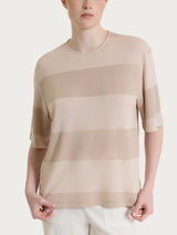Crew-neck t-shirt with macro stripes in Summer Light and Lurex Pink Women's - Ragno