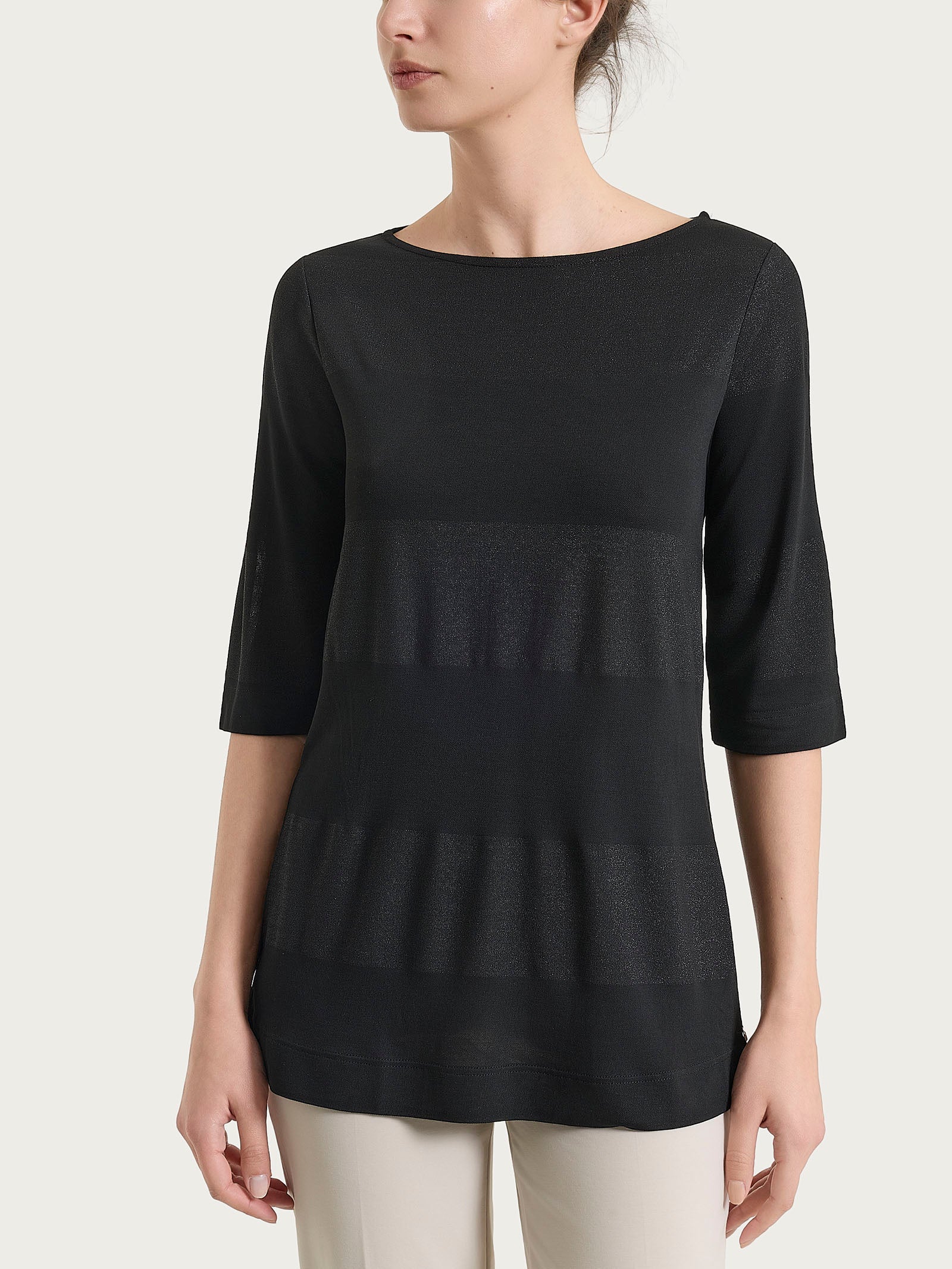 Maglietta con scollo a barchetta e macro righe in Summer Light e Lurex Neri Donna - Ragno