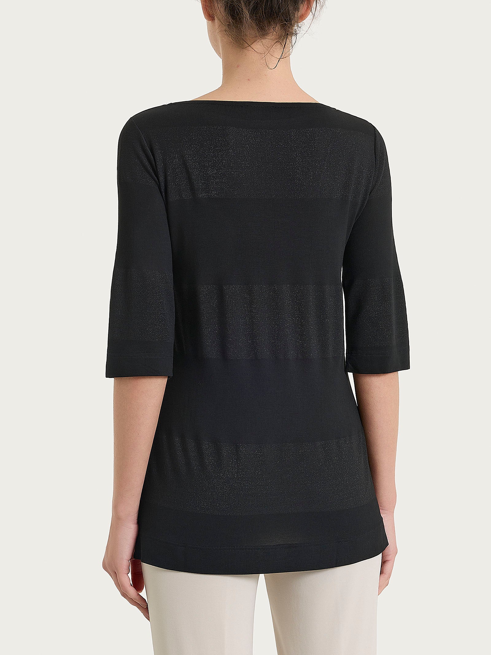 Maglietta con scollo a barchetta e macro righe in Summer Light e Lurex Neri Donna - Ragno