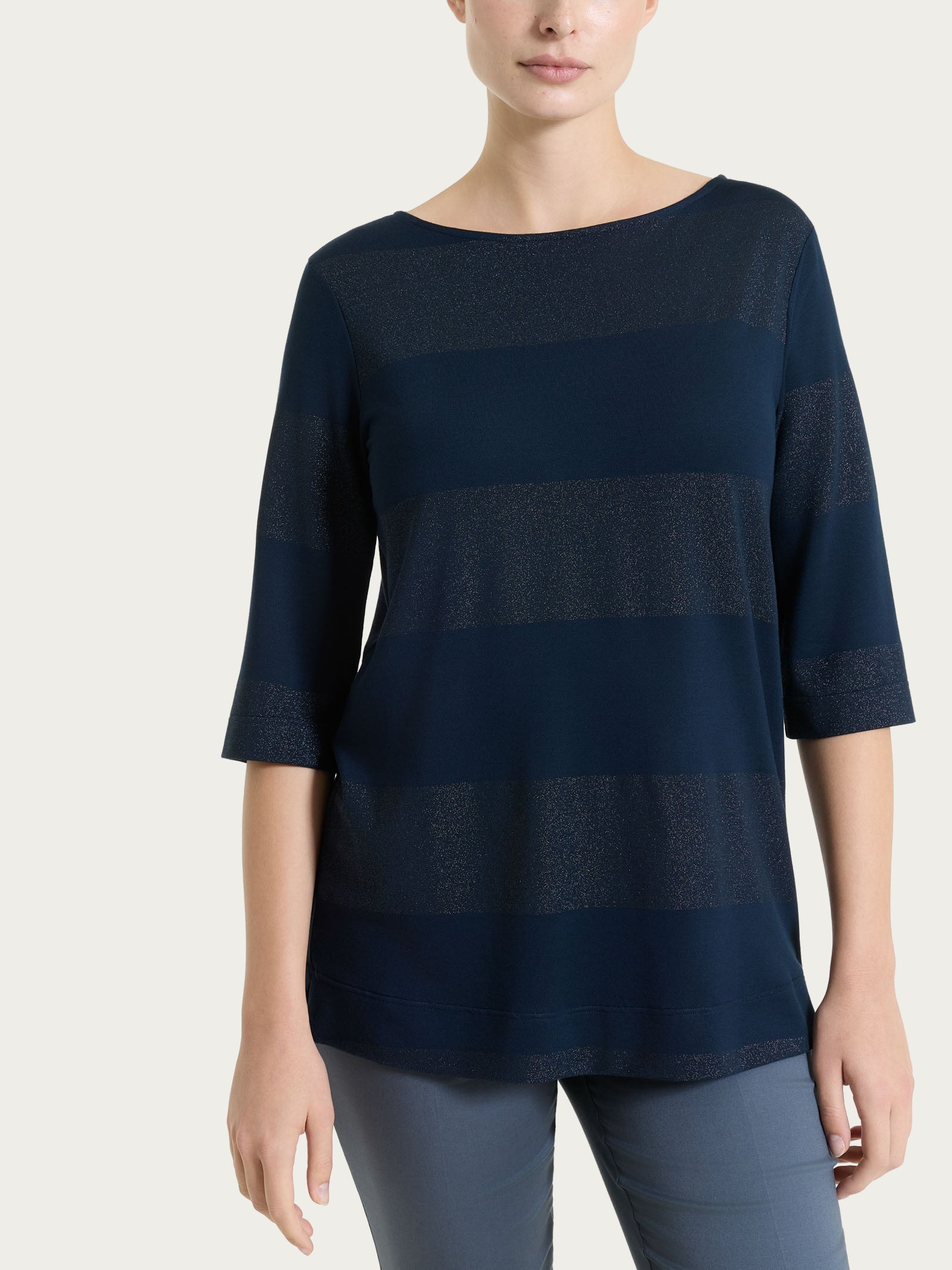 Maglietta con scollo a barchetta e macro righe in Summer Light e Lurex Blu Donna - Ragno