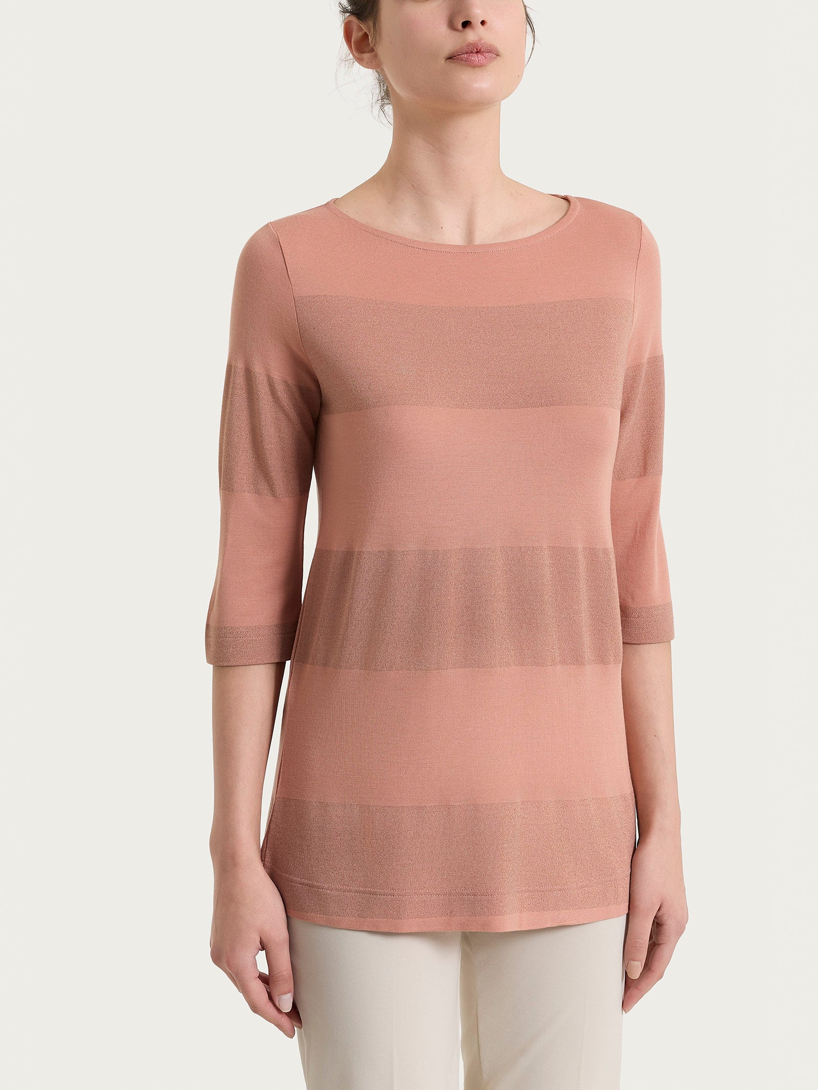 Maglietta con scollo a barchetta e macro righe in Summer Light e Lurex Arancioni Donna - Ragno