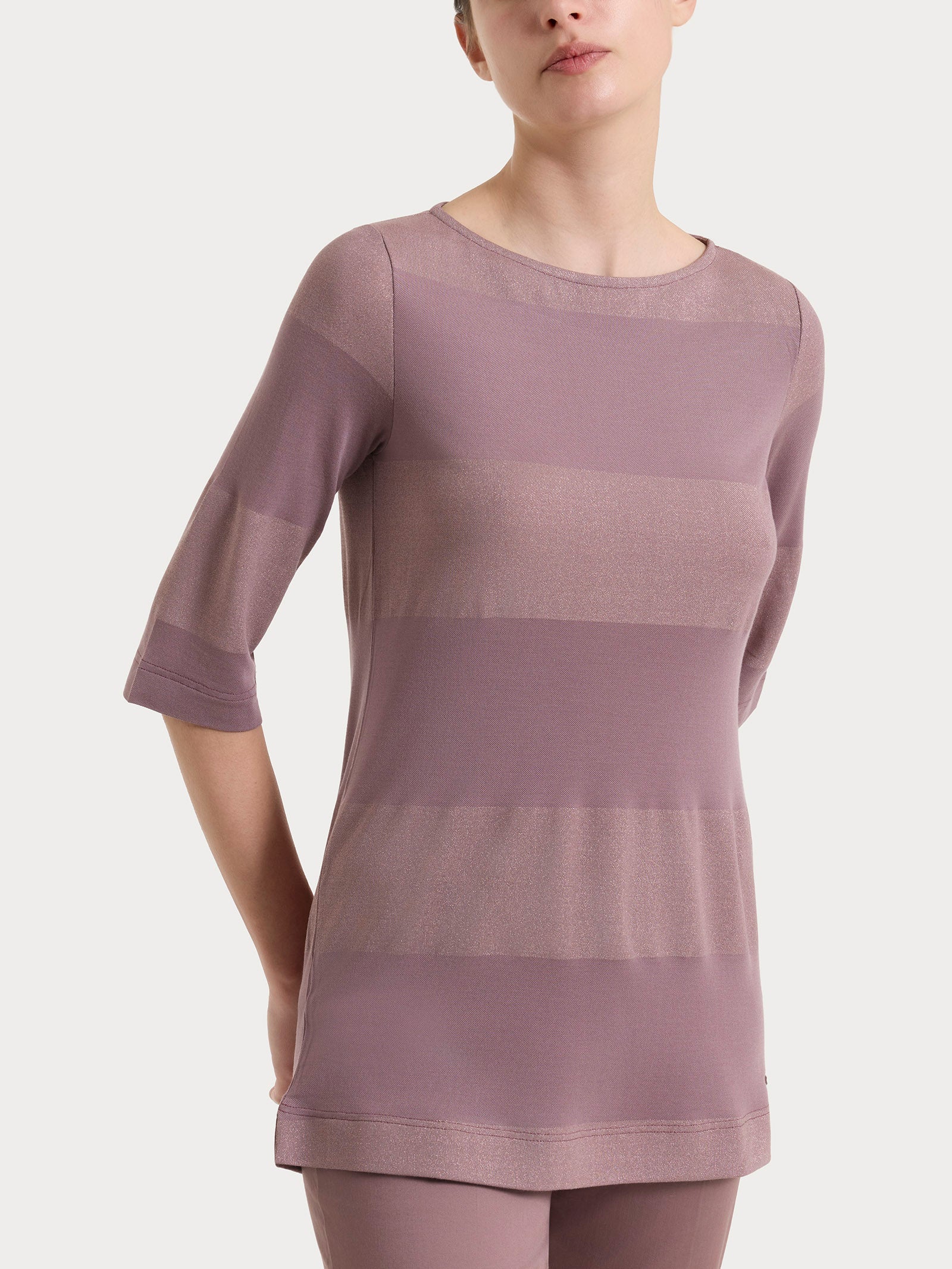 Maglietta con scollo a barchetta e macro righe in Summer Light e Lurex Viola Donna - Ragno