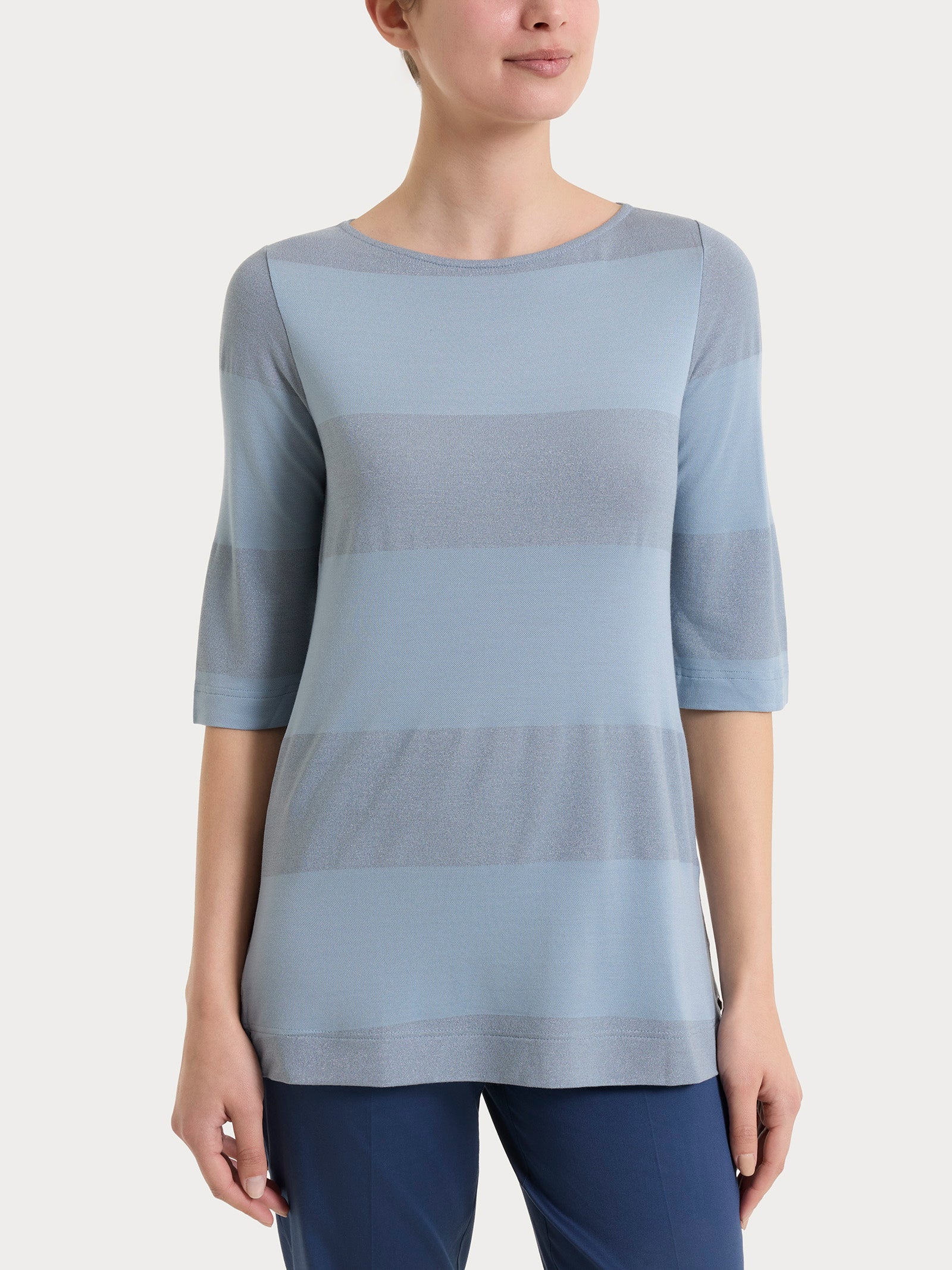 Maglietta con scollo a barchetta e macro righe in Summer Light e Lurex Azzurri Donna - Ragno