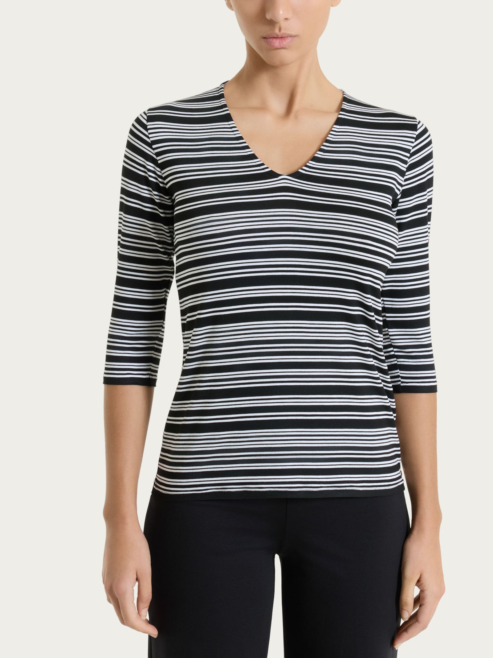 Maglietta a righe alternate con scollo a V in Viscosa Summer Neri Donna - Ragno