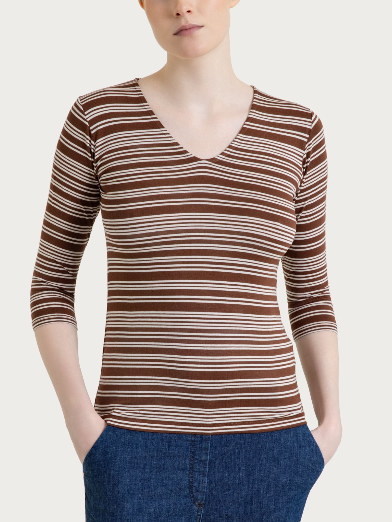 Brown Women's Summer V-neck Viscose Alternating Striped T-Shirt - Ragno