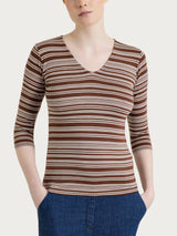 Brown Women's Summer V-neck Viscose Alternating Striped T-Shirt - Ragno