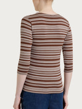 Brown Women's Summer V-neck Viscose Alternating Striped T-Shirt - Ragno
