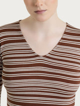 Brown Women's Summer V-neck Viscose Alternating Striped T-Shirt - Ragno