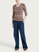 Brown Women's Summer V-neck Viscose Alternating Striped T-Shirt - Ragno