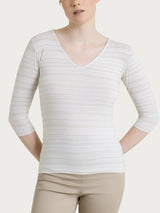 Summer Bianco Women's V-neck Viscose Alternating Striped T-Shirt - Ragno
