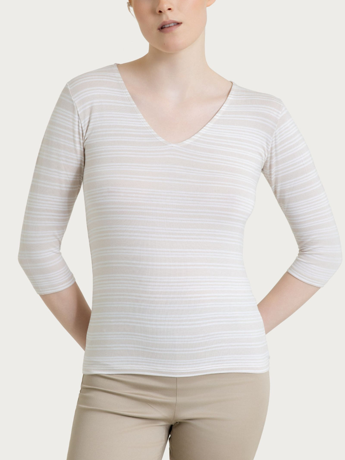 Maglietta a righe alternate con scollo a V in Viscosa Summer Bianchi Donna - Ragno