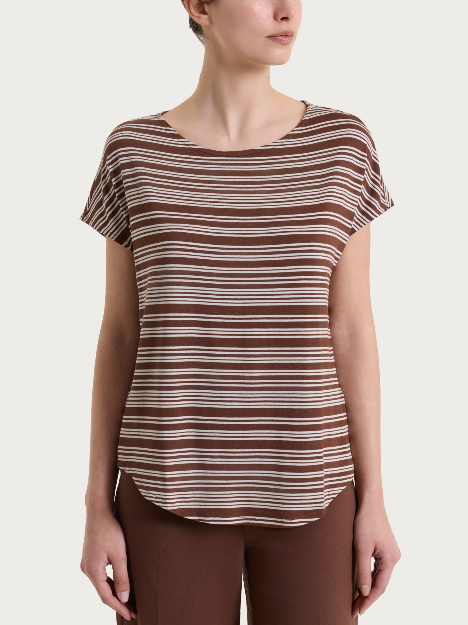 Maglietta girocollo a righe alternate in Viscosa Summer Marroni Donna - Ragno