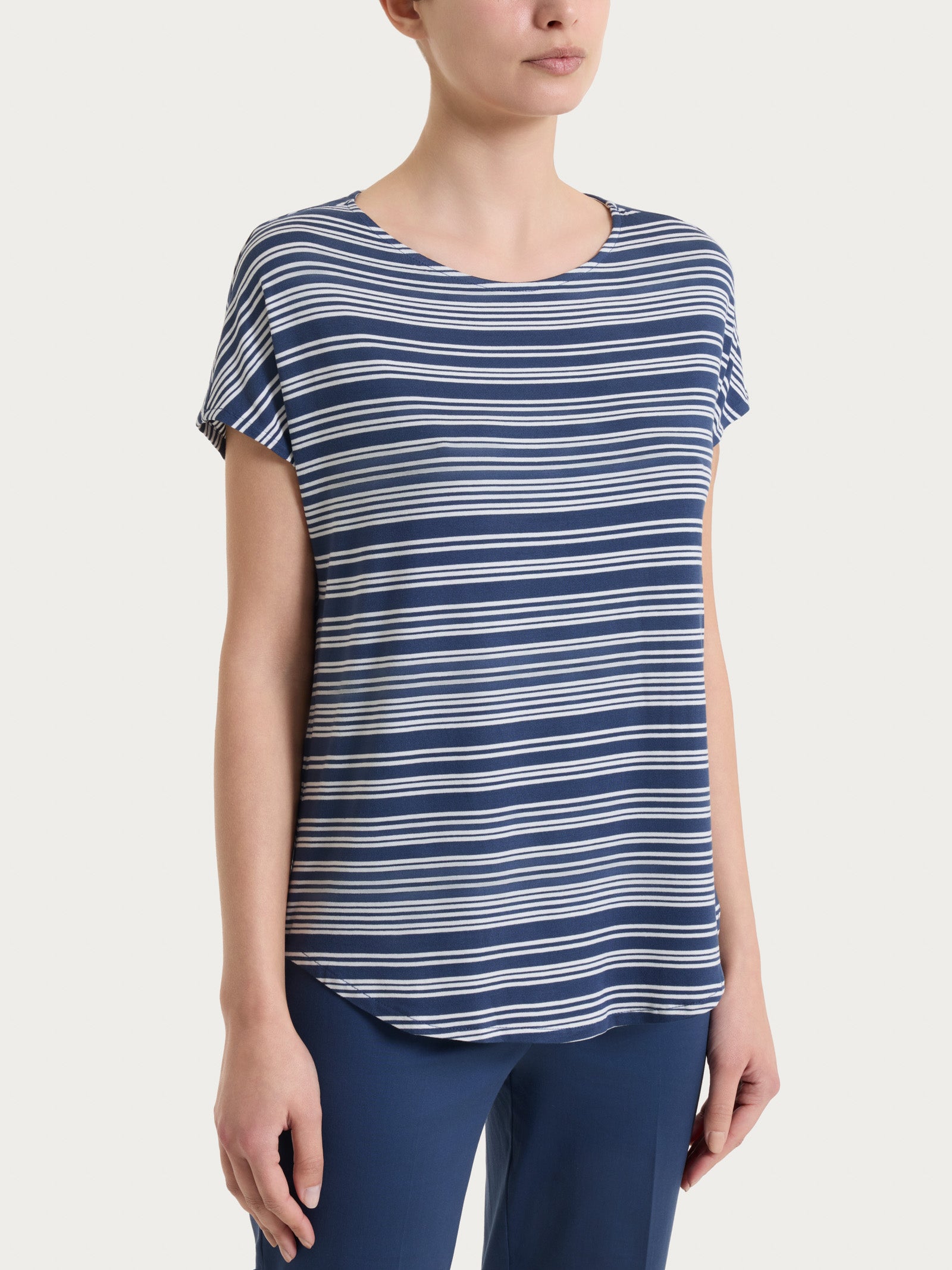 Maglietta girocollo a righe alternate in Viscosa Summer Blu Donna - Ragno