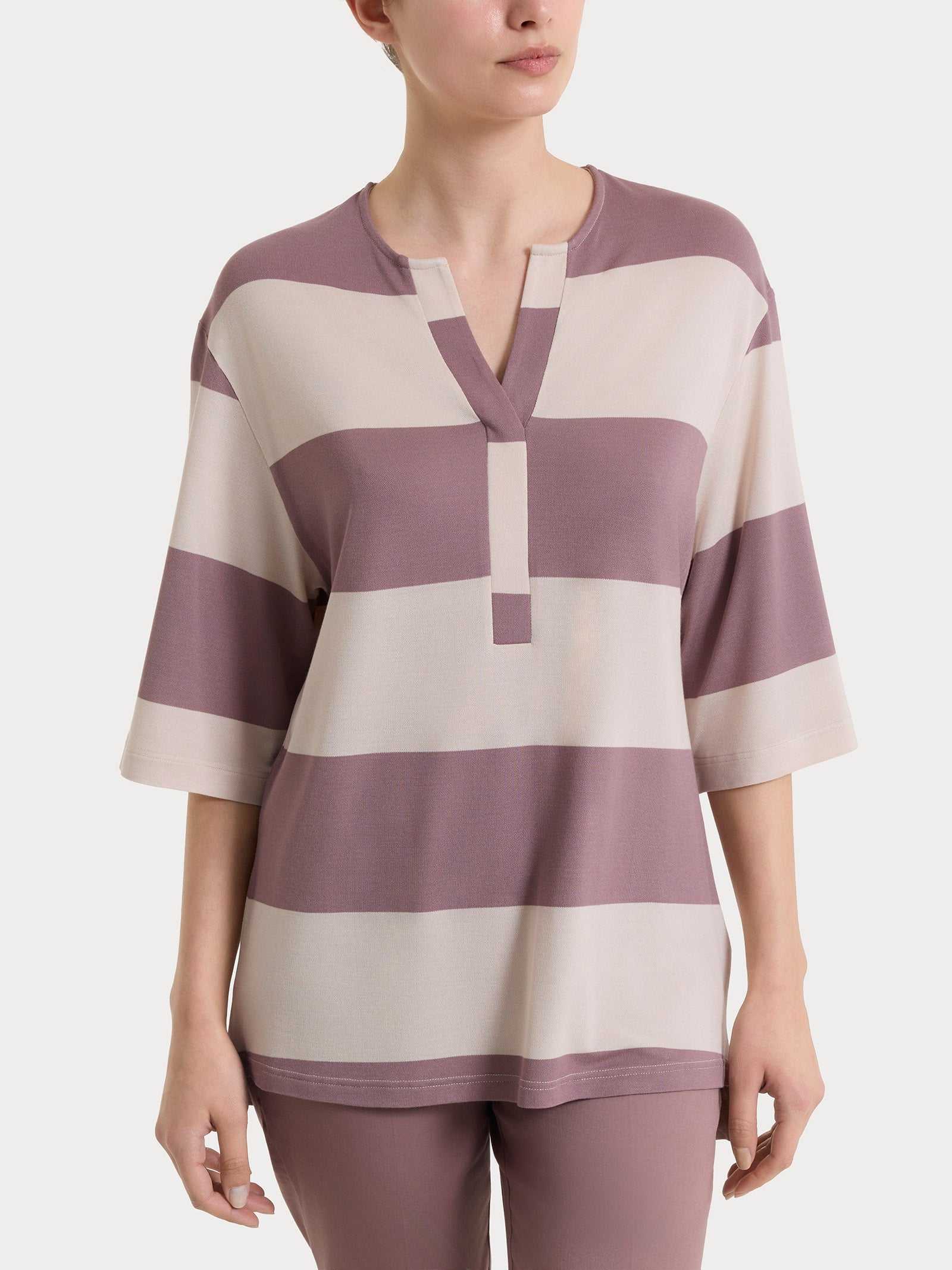 Maglietta con scollo a V e macro righe in Summer Light Viola Donna - Ragno