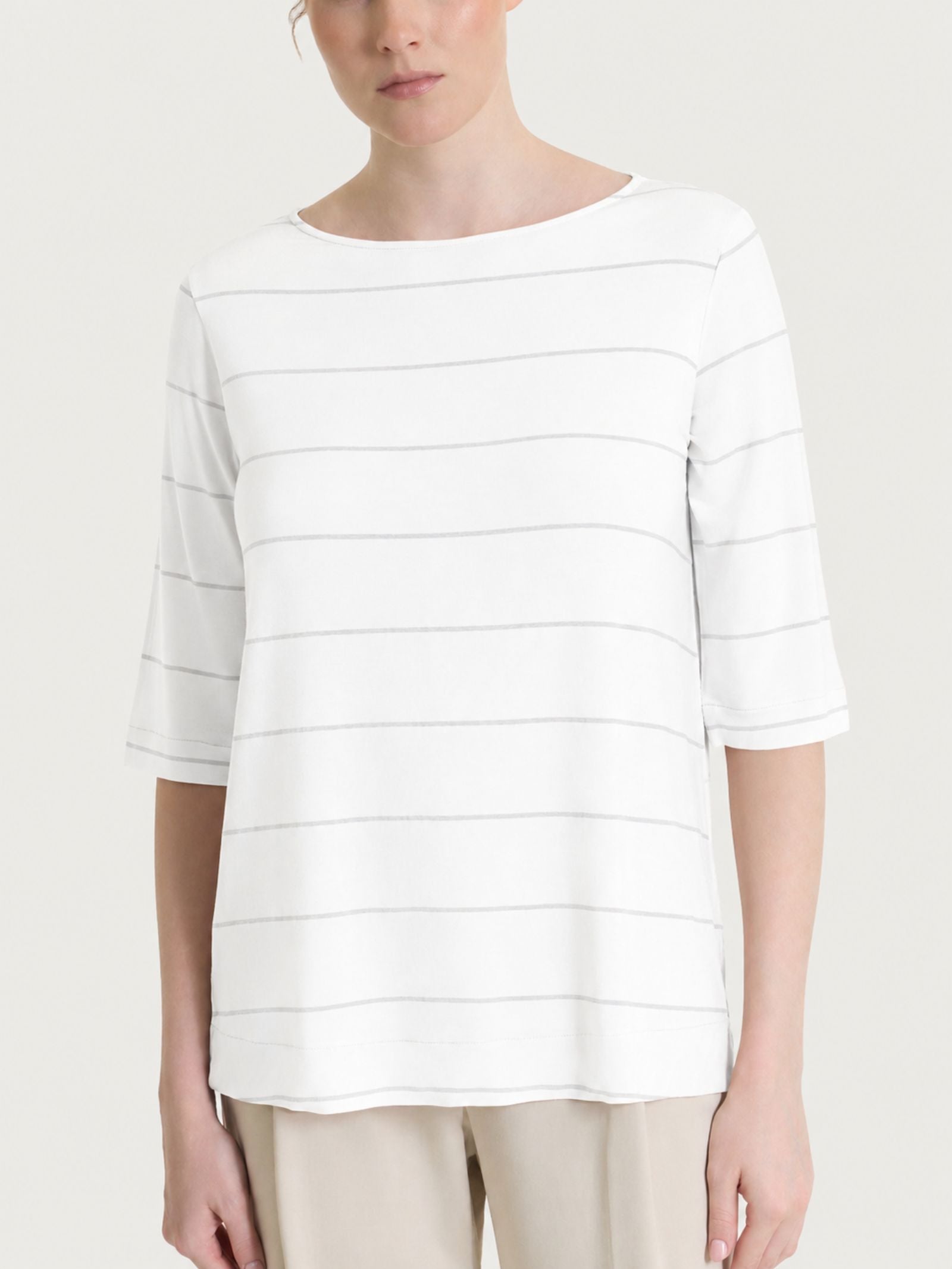 Camiseta de cuello barco con micro rayas en Blanco Claro Verano Mujer - Ragno