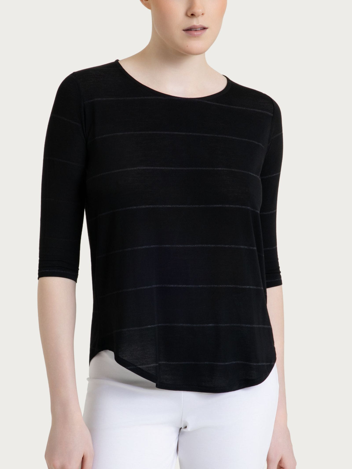 Maglietta girocollo con micro righe in Summer Light  Neri Donna - Ragno