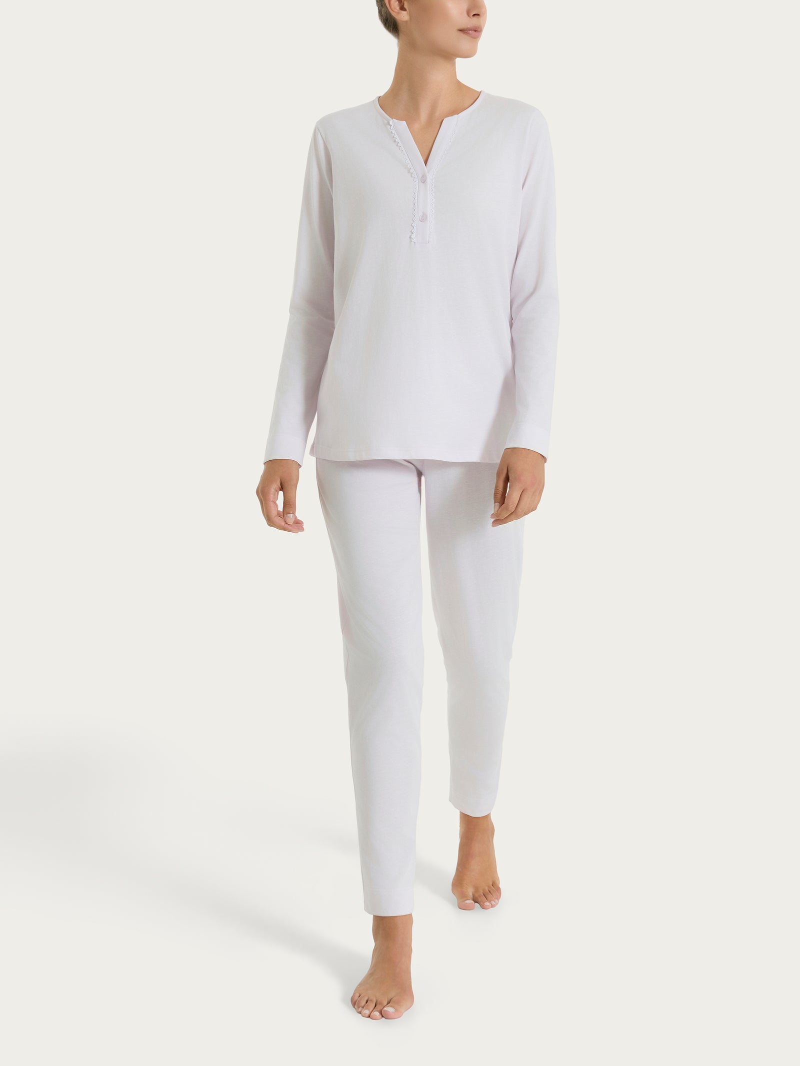 Pigiama lungo con pizzo e collo a serafino in Jersey di Cotone  Viola Donna - Ragno