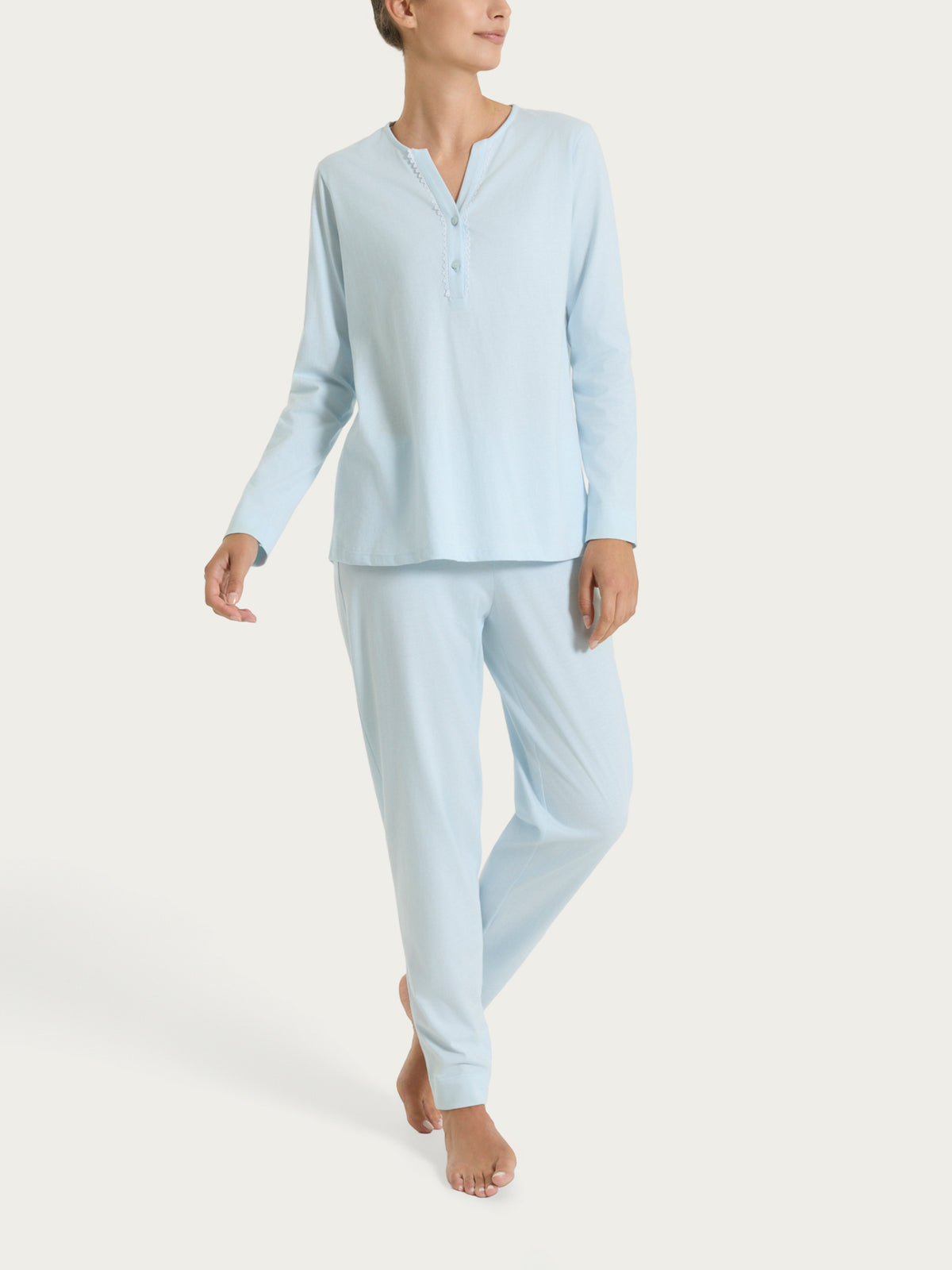 Pigiama lungo con pizzo e collo a serafino in Jersey di Cotone  Azzurri Donna - Ragno