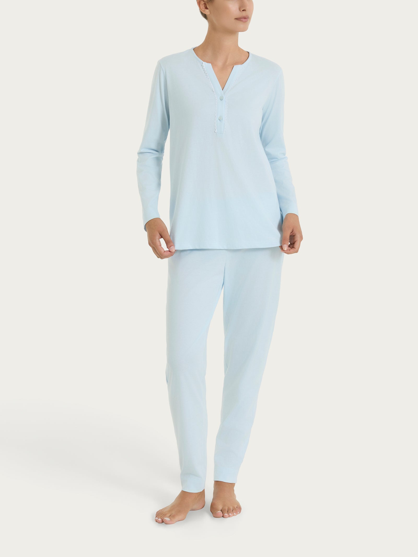 Pigiama lungo con pizzo e collo a serafino in Jersey di Cotone  Azzurri Donna - Ragno