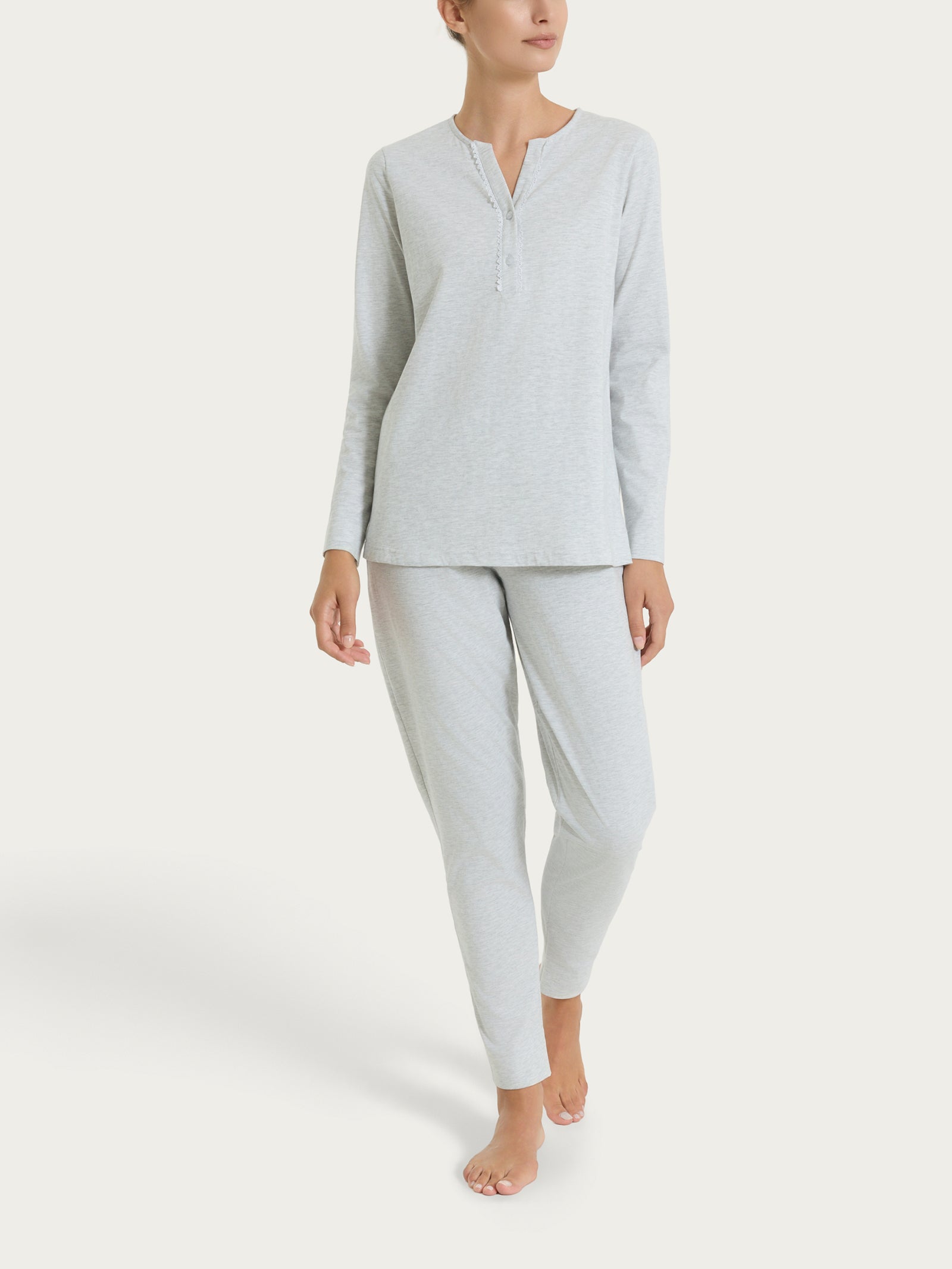 Pigiama lungo con pizzo e collo a serafino in Jersey di Cotone Neri Donna - Ragno