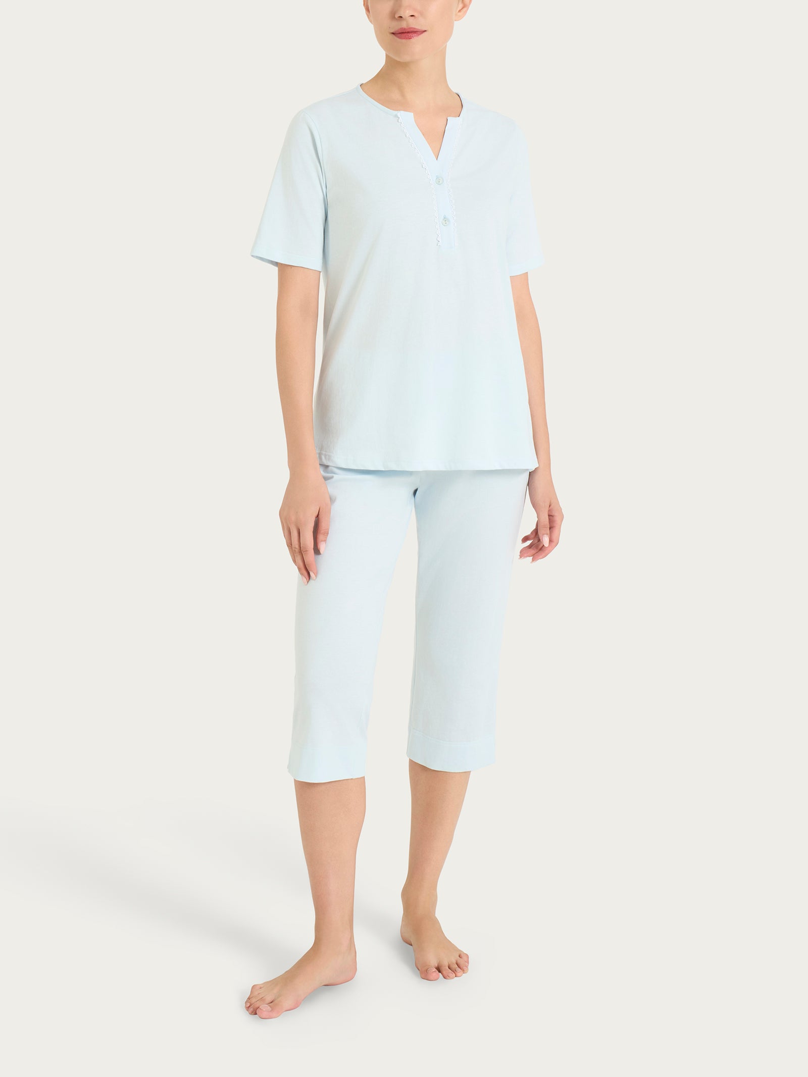 Pigiama a pinocchietto con pizzo in Jersey di Cotone Azzurri Donna - Ragno