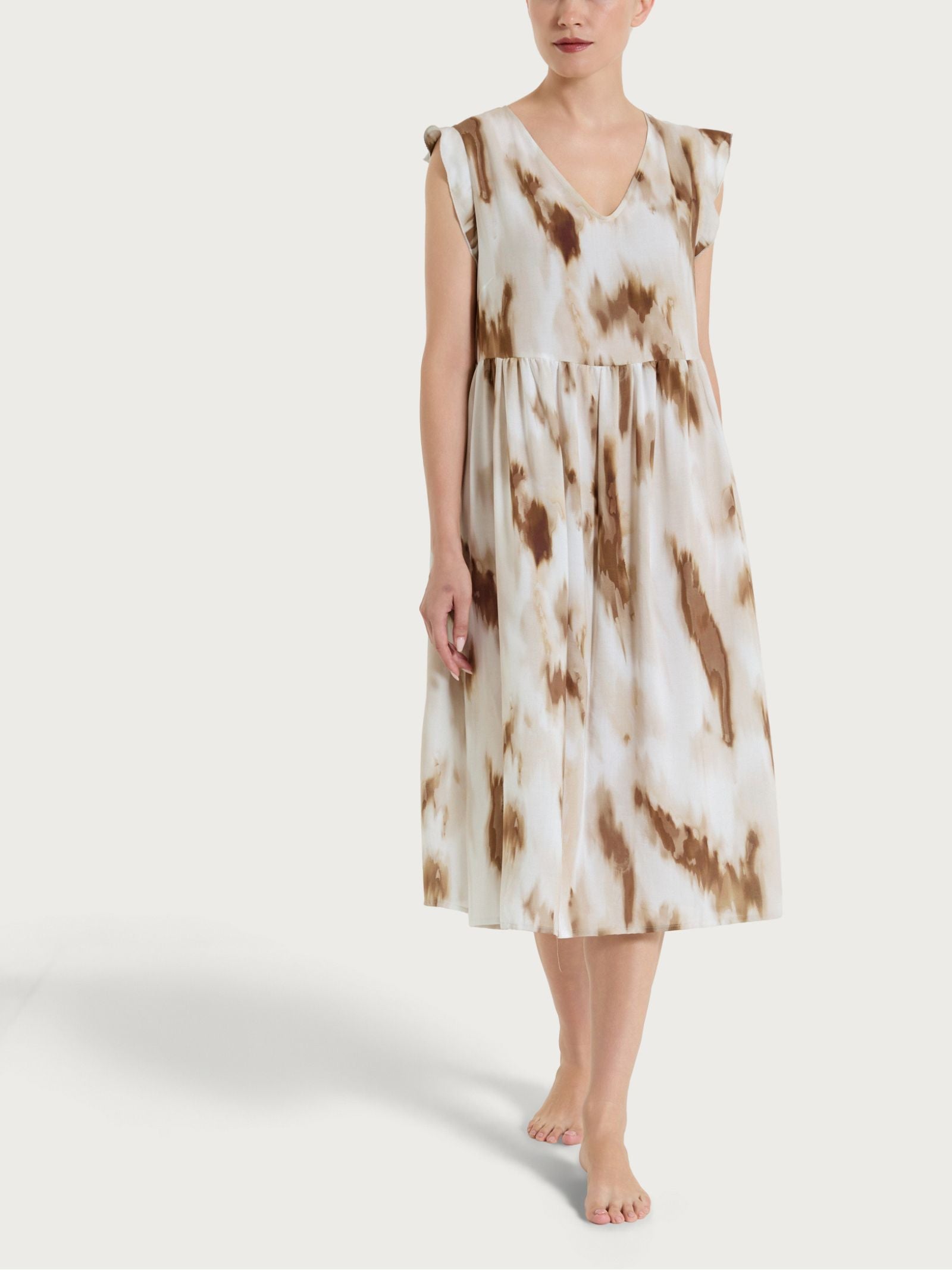 Abito lungo smanicato con fantasia in EcoSeta Marroni Donna - Ragno