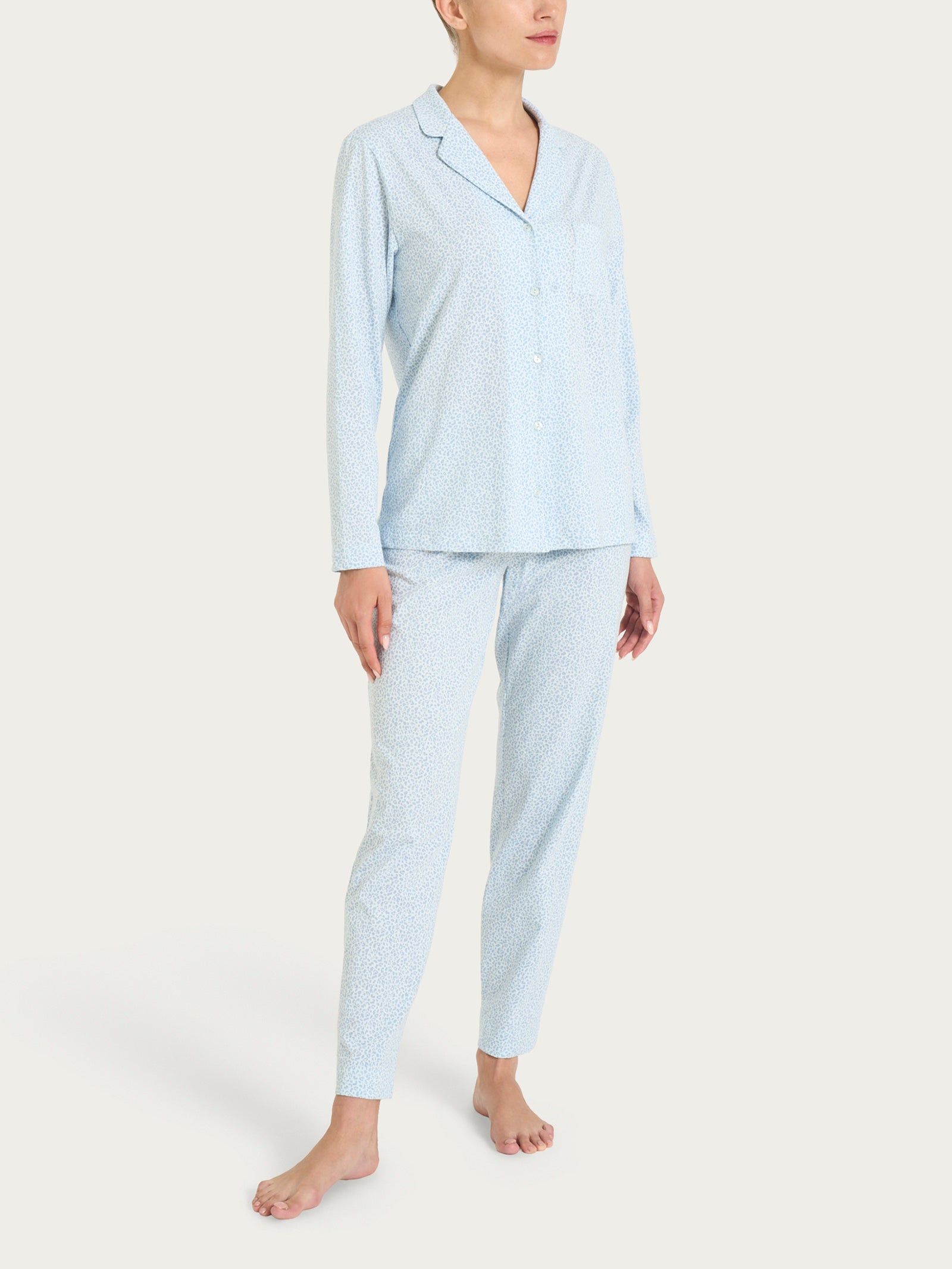 Pigiama aperto con fantasia micro animalier in Jersey di cotone Azzurri Donna - Ragno