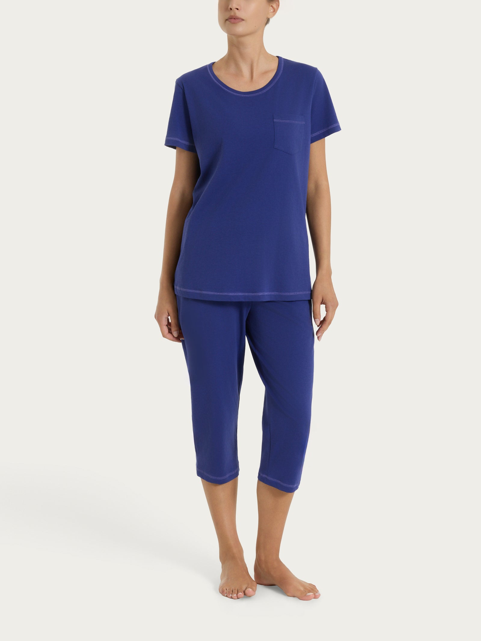 Pigiama tinta unita a pinocchietto in Jersey di Cotone Blu Donna - Ragno