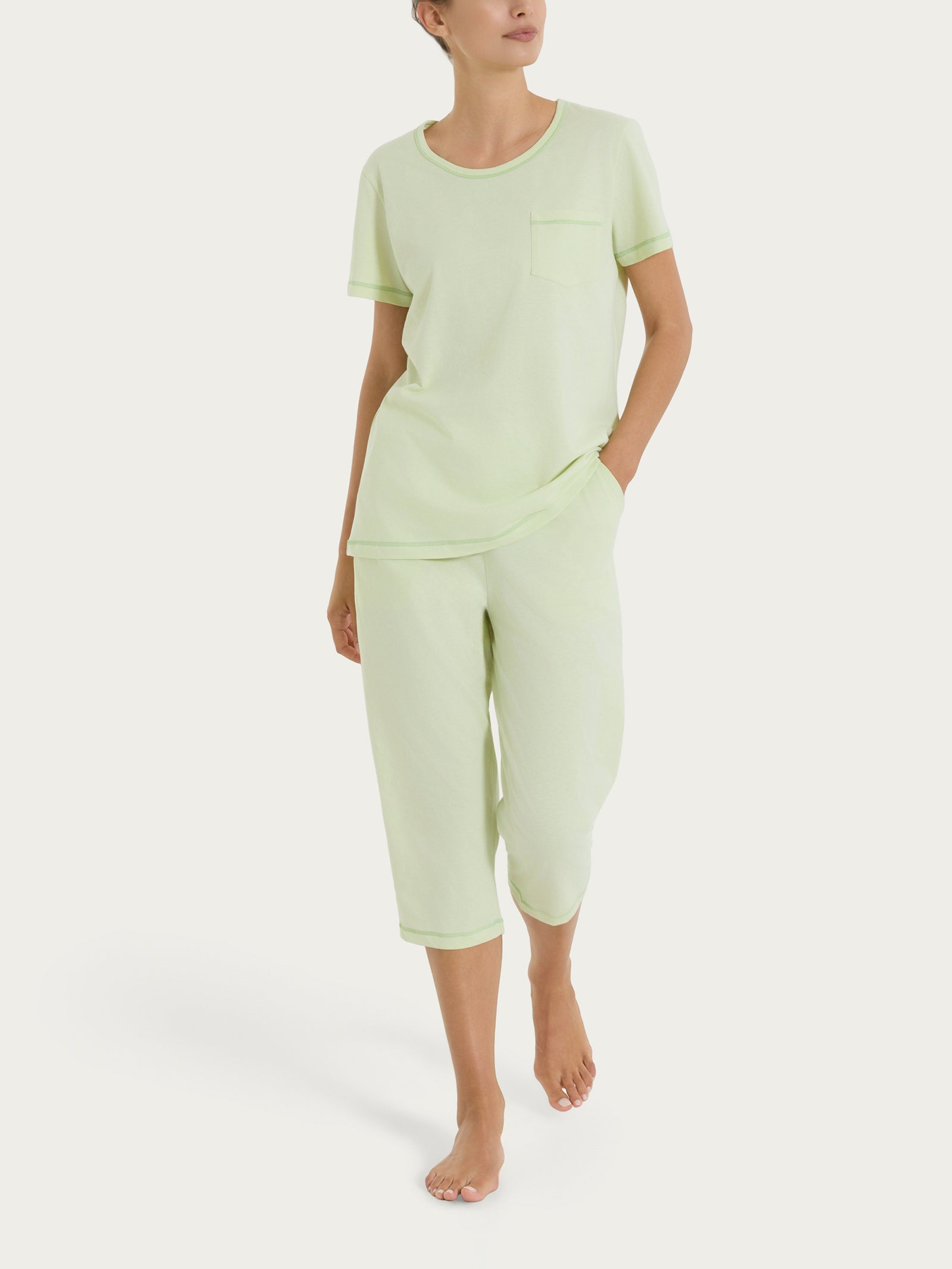 Pigiama tinta unita a pinocchietto in Jersey di Cotone Verdi Donna - Ragno