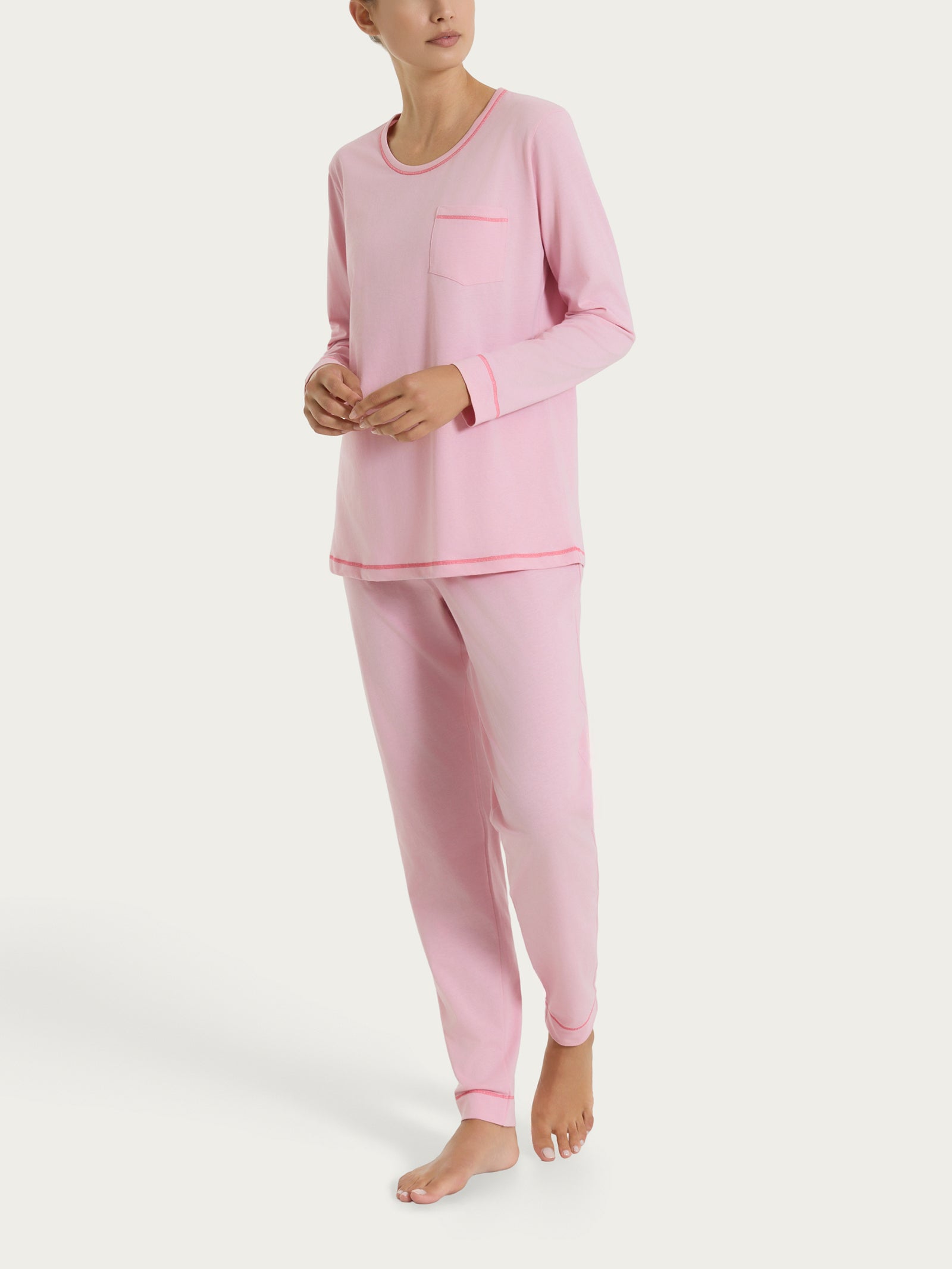 Pigiama lungo tinta unita in Jersey di Cotone Rosa Donna - Ragno