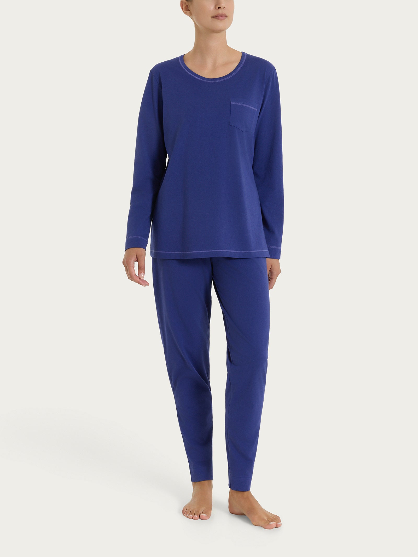 Pigiama lungo tinta unita in Jersey di Cotone Blu Donna - Ragno