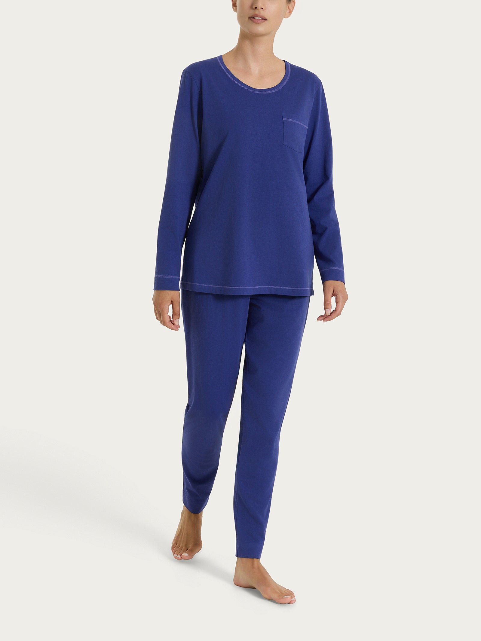 Pigiama lungo tinta unita in Jersey di Cotone Blu Donna - Ragno