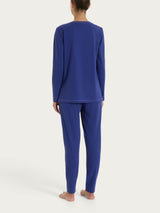 Pigiama lungo tinta unita in Jersey di Cotone Blu Donna - Ragno
