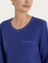 Pigiama lungo tinta unita in Jersey di Cotone Blu Donna - Ragno