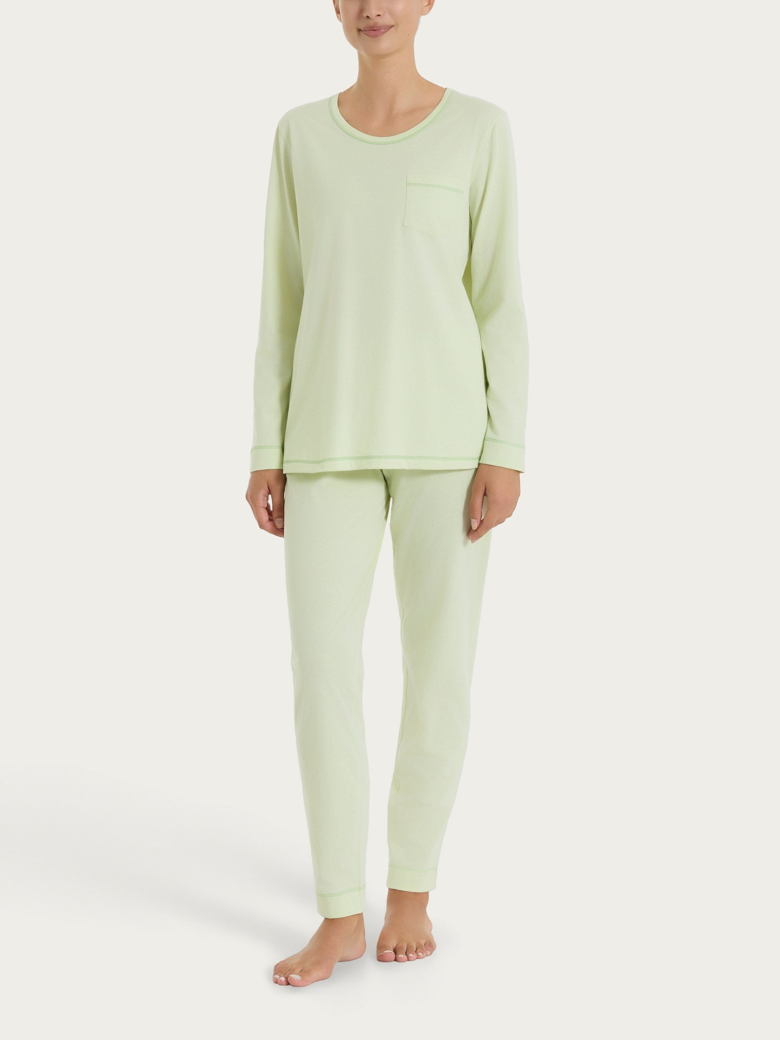 Pigiama lungo tinta unita in Jersey di Cotone Verdi Donna - Ragno