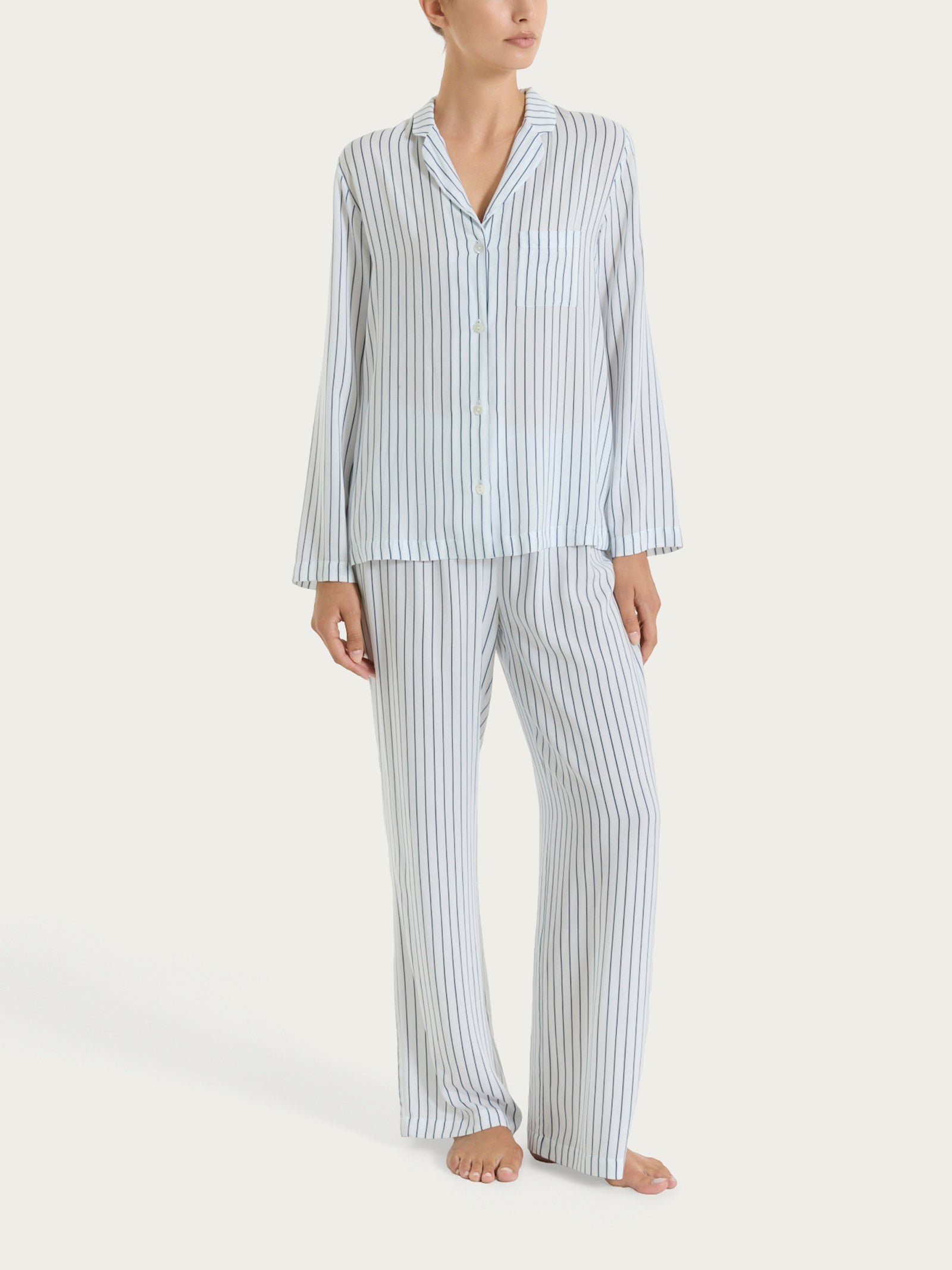 Pigiama lungo a righe in Ecoseta Blu Donna - Ragno