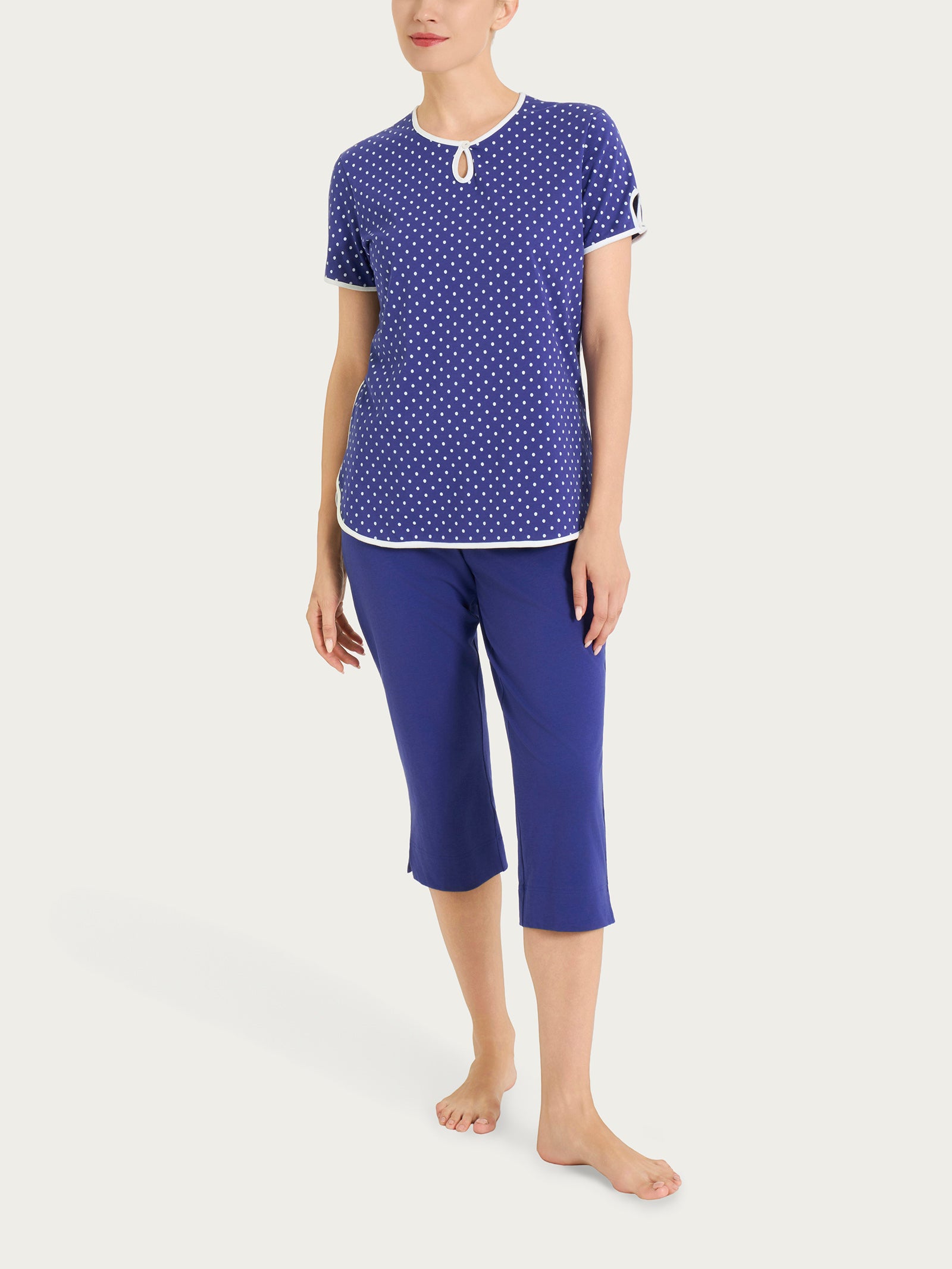 Pigiama pinocchietto a pois con scollo a goccia in Jersey di cotone Blu Donna - Ragno