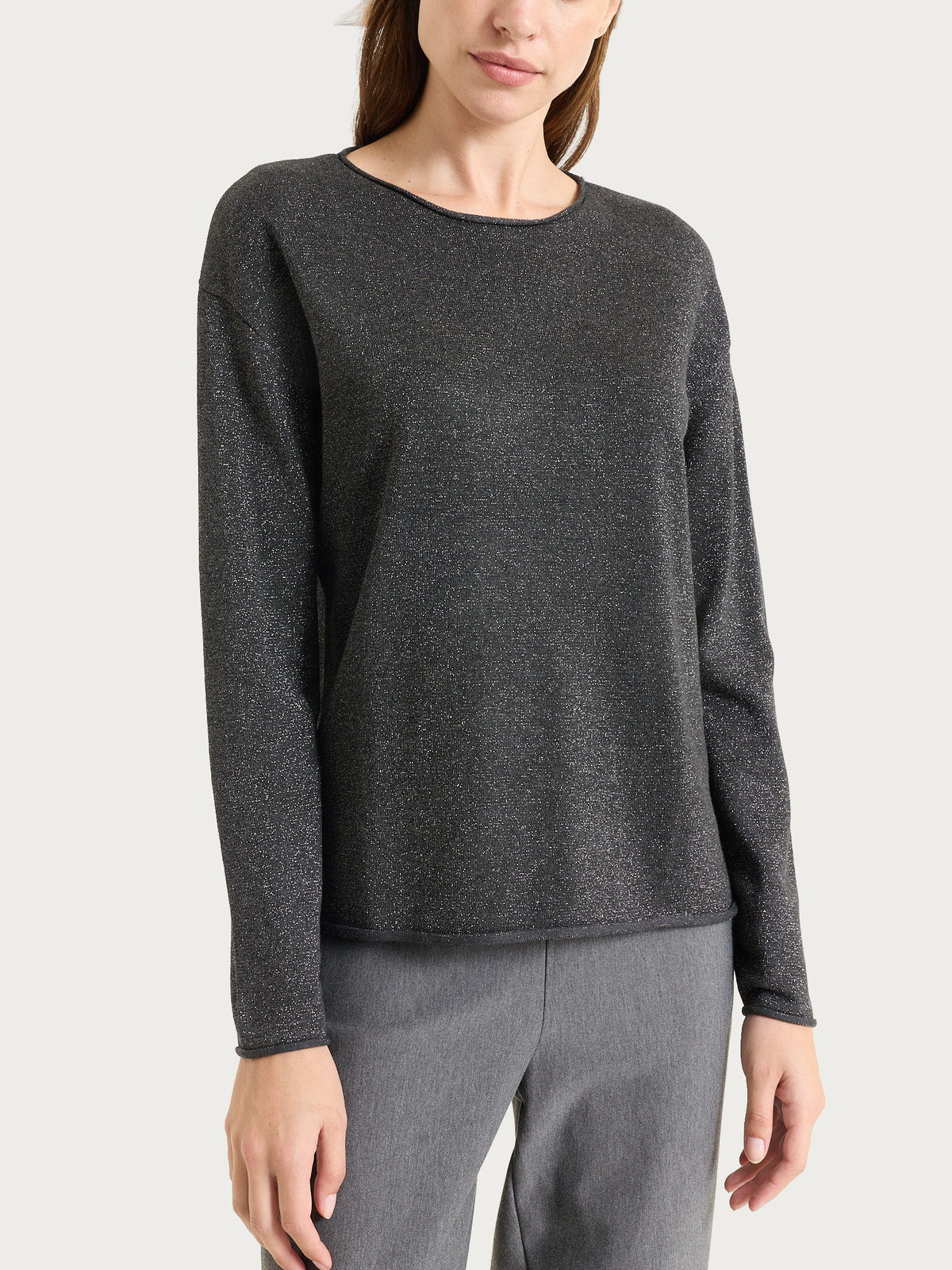 Damen-Pullover mit Rundhalsausschnitt aus Lurex „Four Seasons“ in Nero – Ragno