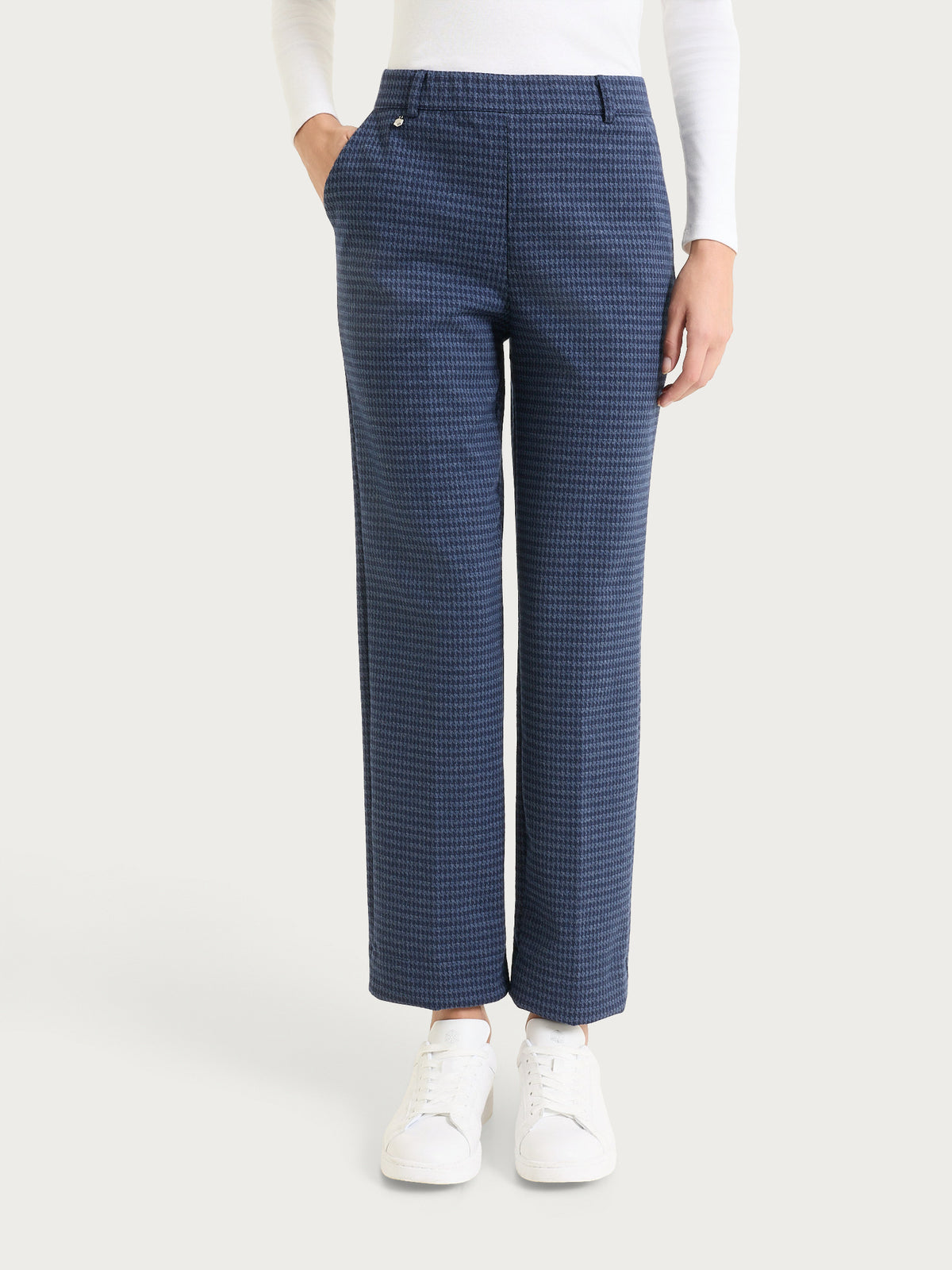 Gerade geschnittene Hose mit Taschen und Hahnenfußmuster aus blauem Jacquard für Damen – Ragno