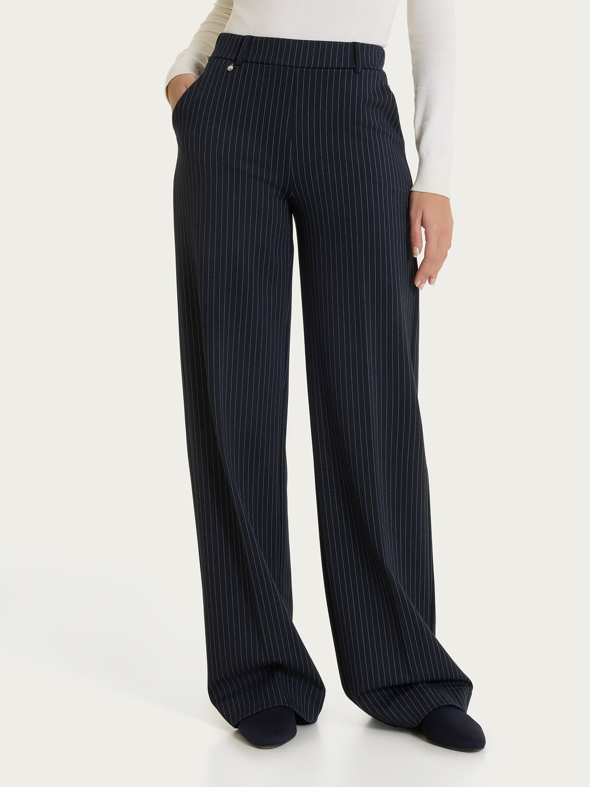 Women's Blue Jacquard Pinstriped Palazzo Pants with Pockets - Ragno