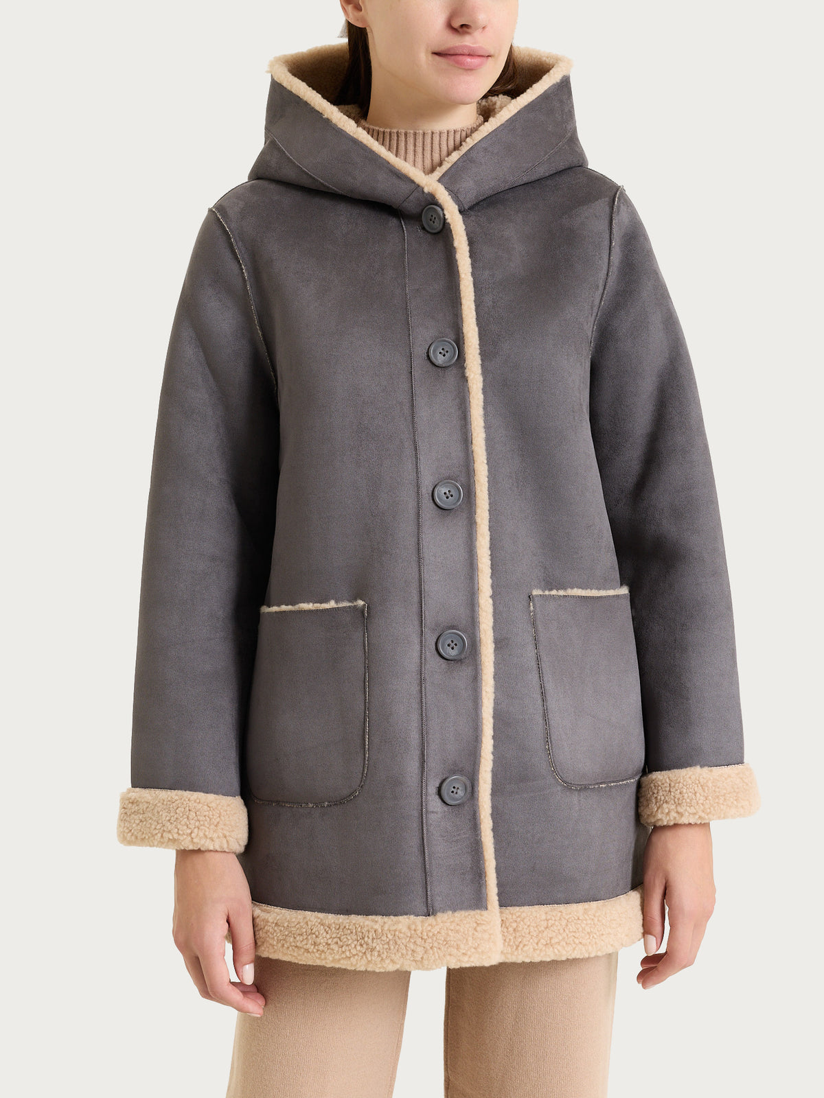 FuzzyCoat Giaccone con cappuccio double-face effetto Curly Neri Donna - Ragno