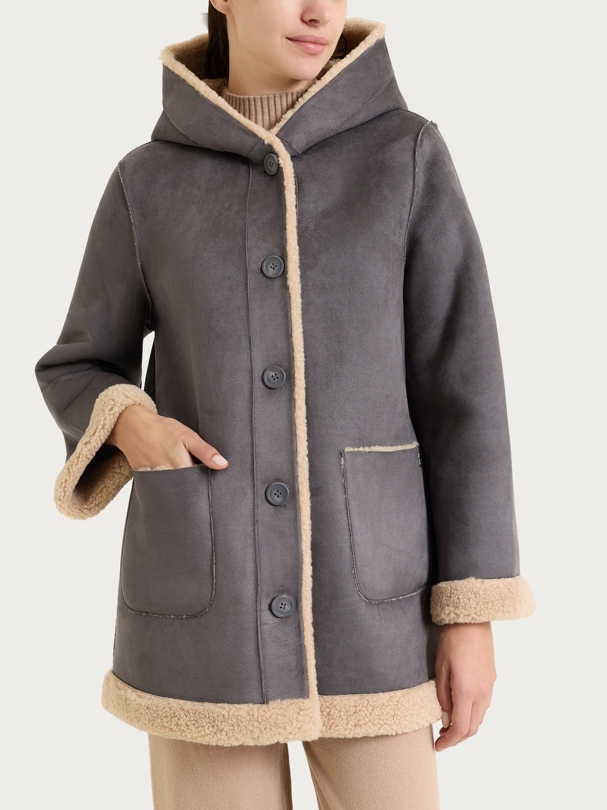 FuzzyCoat Giaccone con cappuccio double-face effetto Curly Neri Donna - Ragno