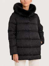 Satin Puffer piumino con cappuccio e dettagli effetto fuzzy Neri Donna - Ragno