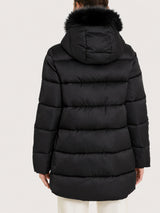 Satin Puffer piumino con cappuccio e dettagli effetto fuzzy Neri Donna - Ragno