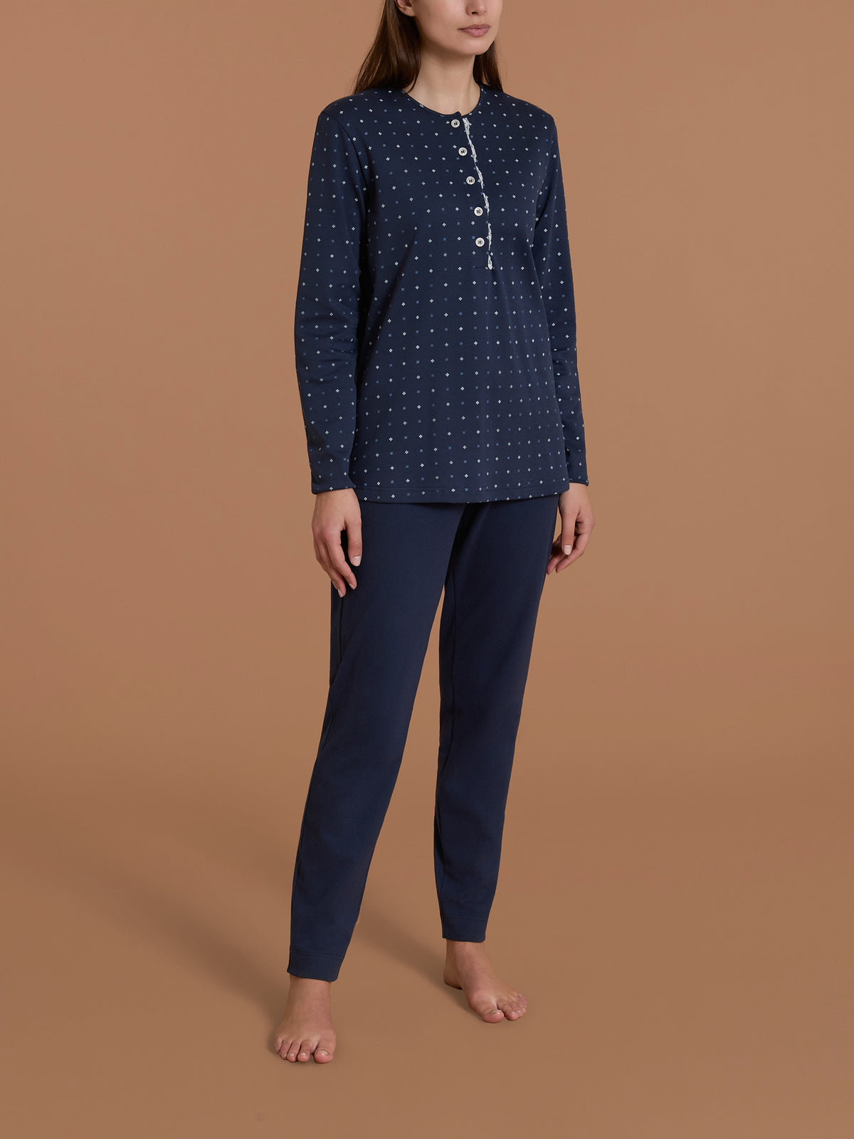 Pigiama a serafino con pizzo in Interlock di cotone Blu Donna - Ragno